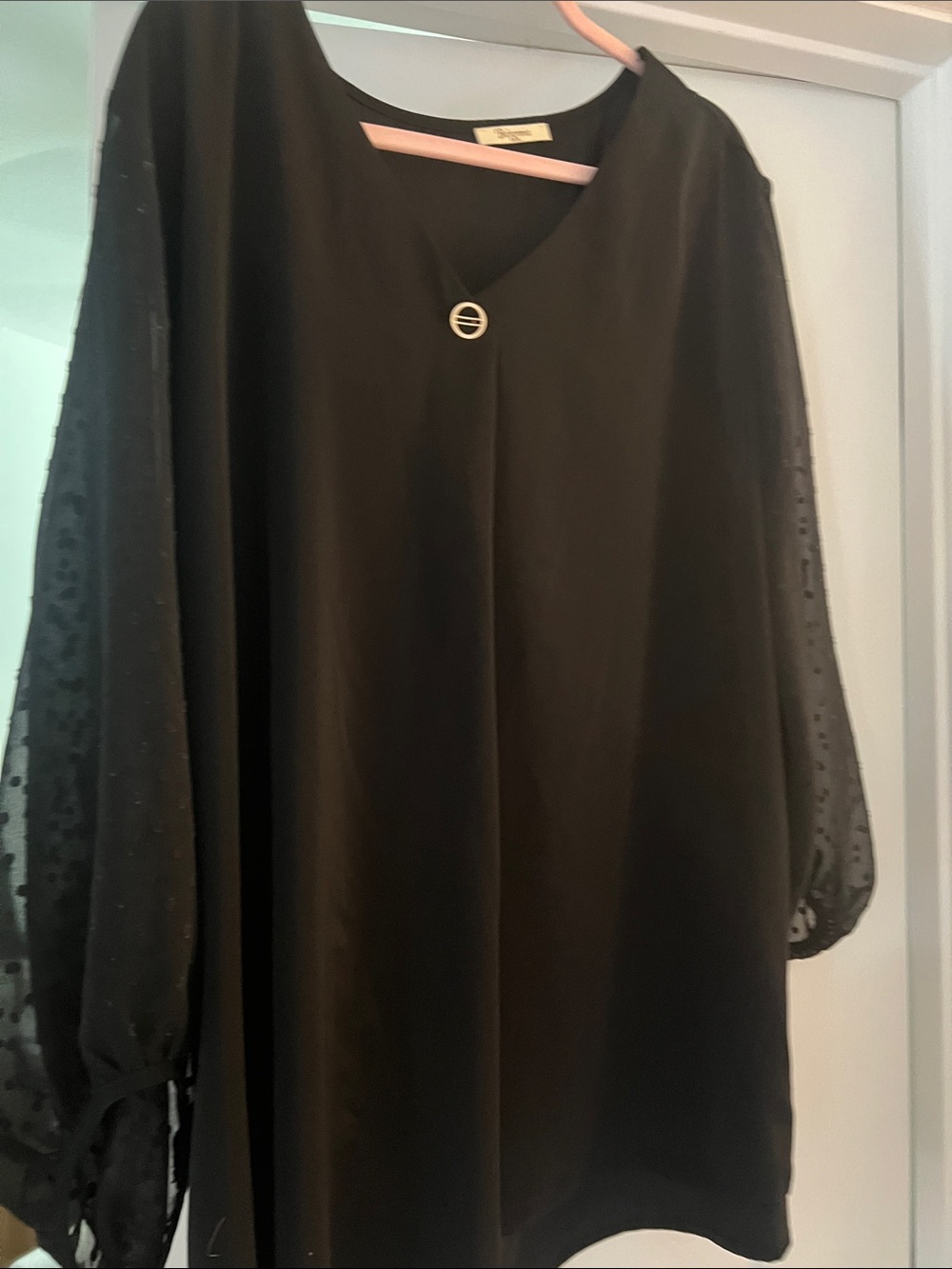 Black Women's V-Neck Shift Dress with Sheer Dot Sleeves
